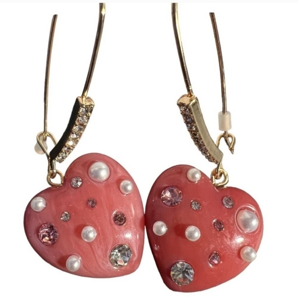🔹️Betsey Johnson 🔹️Heart Earrings Crystal Pearl Pink New - Picture 4 of 4